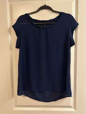 Spense Navy Short-Sleeve Layered Chiffon Blouse